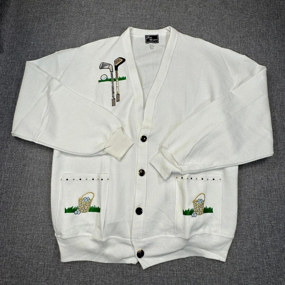Vintage Fern Wagner Golf Cardigan Mens XL White Embroidered Studded Made in USA